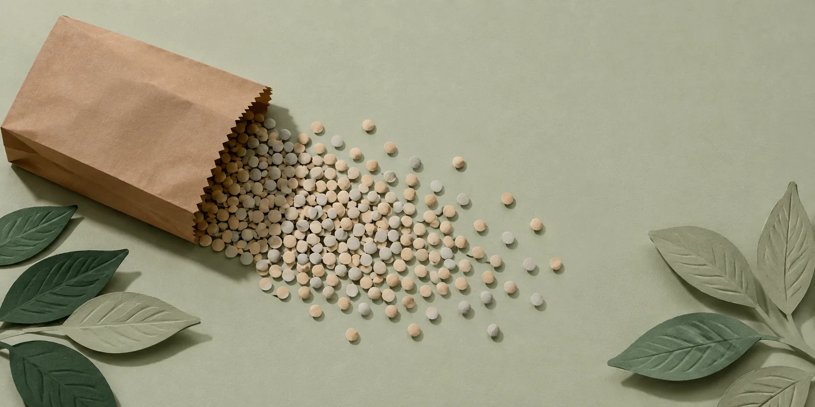 Granules d'engrais s'echappant d'un sac de papier kraft ouvert, en gros plan