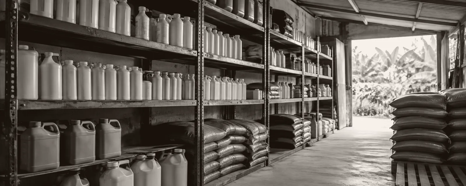 Image générée par IA : allée d'un magasin d'agrofourniture, rayonnages et sacs de terreau